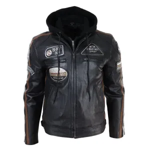 Hooded Zipped Biker Leather Jacket