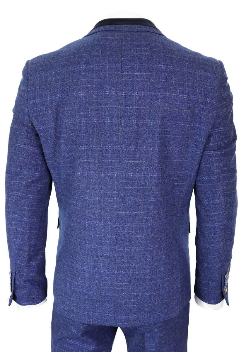 Mens 3 Piece Blue Tweed Check Vintage Classic Suit