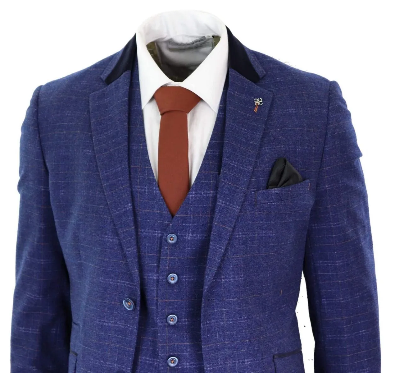 Mens 3 Piece Blue Tweed Check Vintage Classic Suit