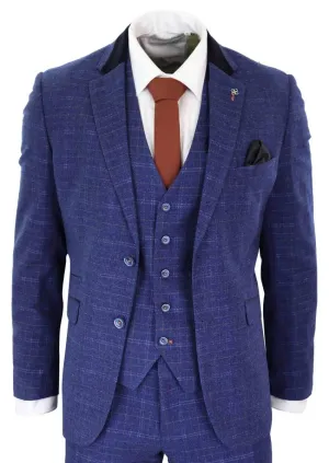 Mens 3 Piece Blue Tweed Check Vintage Classic Suit
