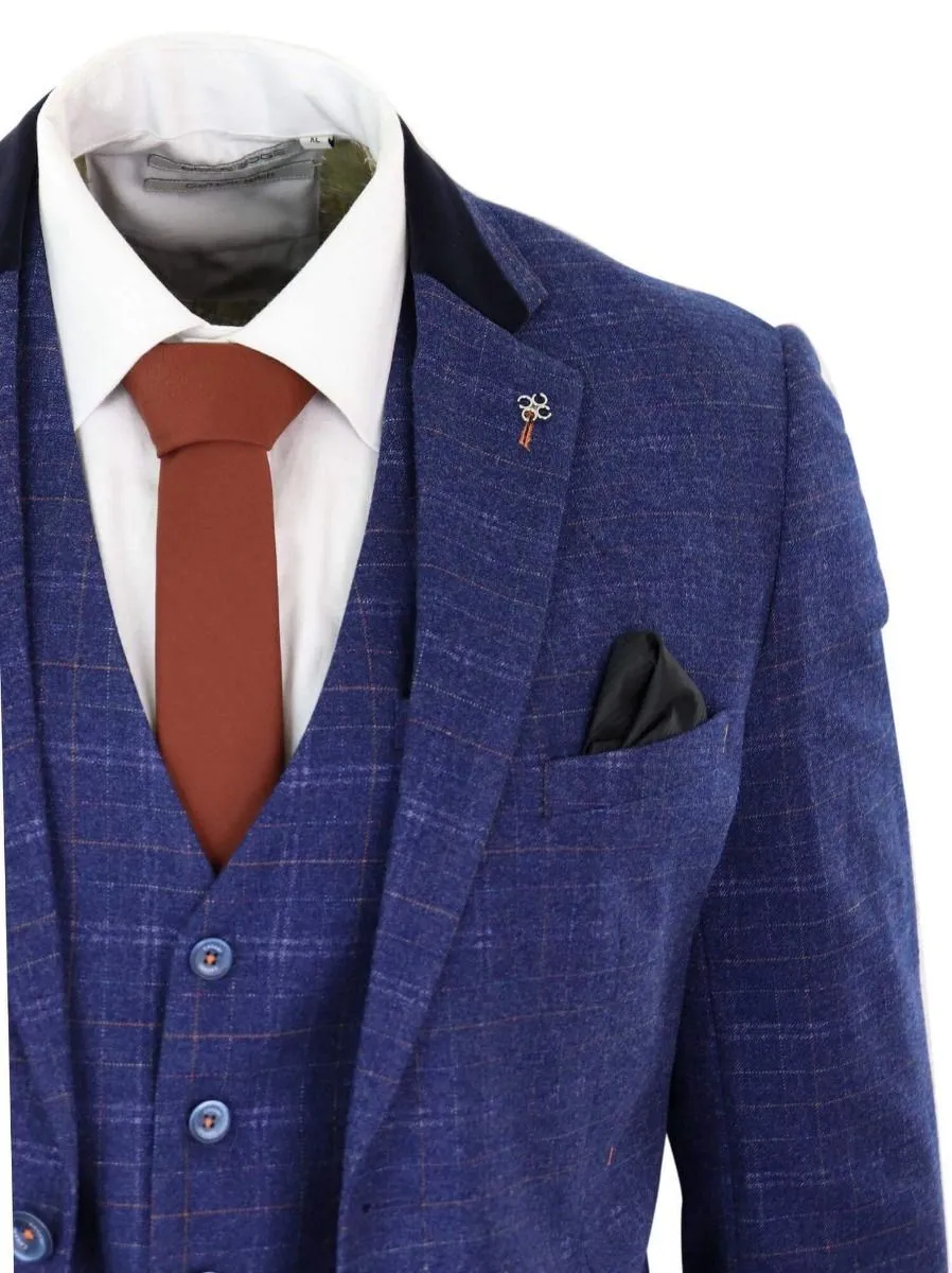 Mens 3 Piece Blue Tweed Check Vintage Classic Suit
