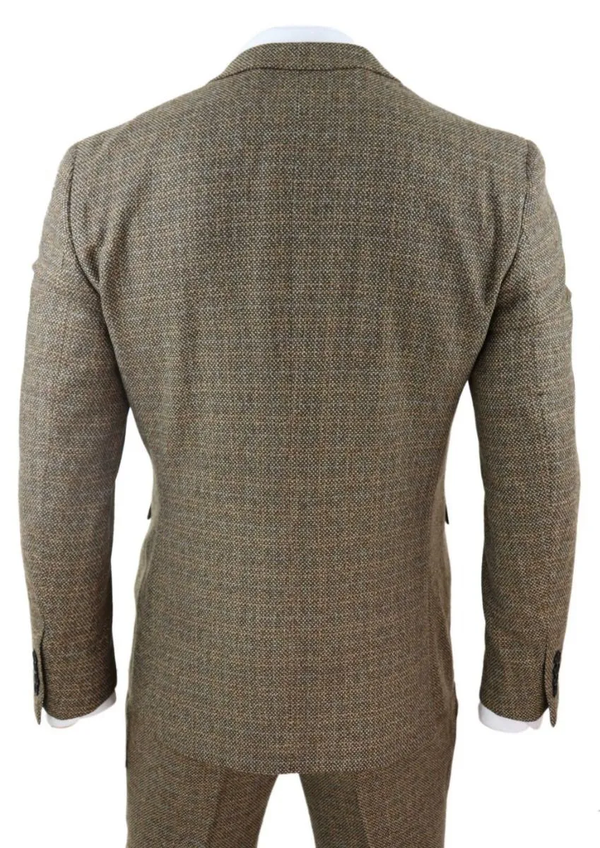 Mens 3 Piece Brown Tweed Check Vintage Retro Suit