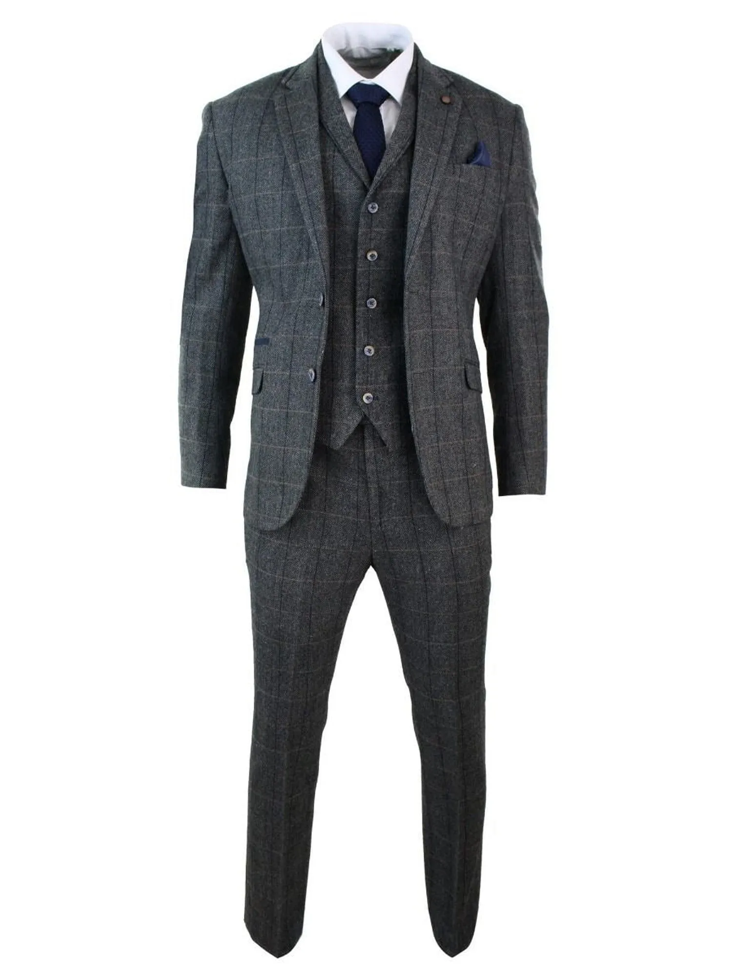 Mens 3 Piece Charcoal Grey Check Tweed Herringbone Vintage Classic Suit