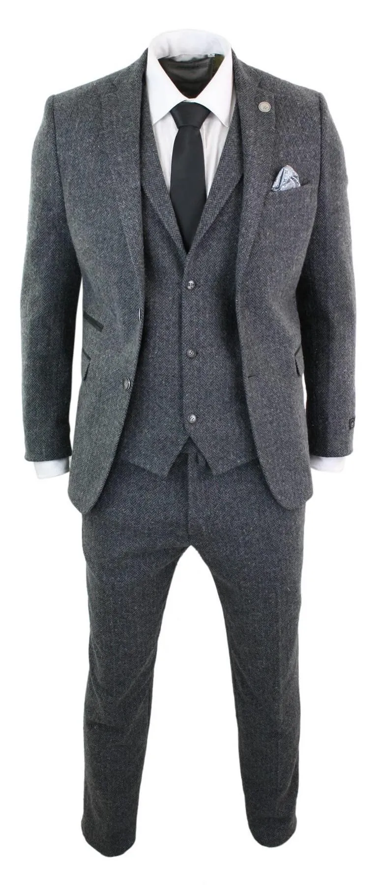 Men's 3 Piece Charcoal Grey Herringbone Tweed Suit