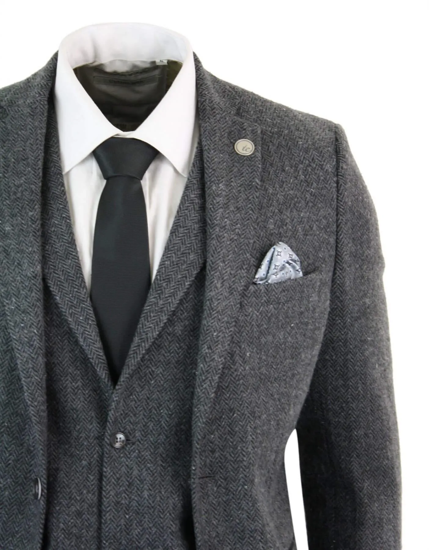 Men's 3 Piece Charcoal Grey Herringbone Tweed Suit