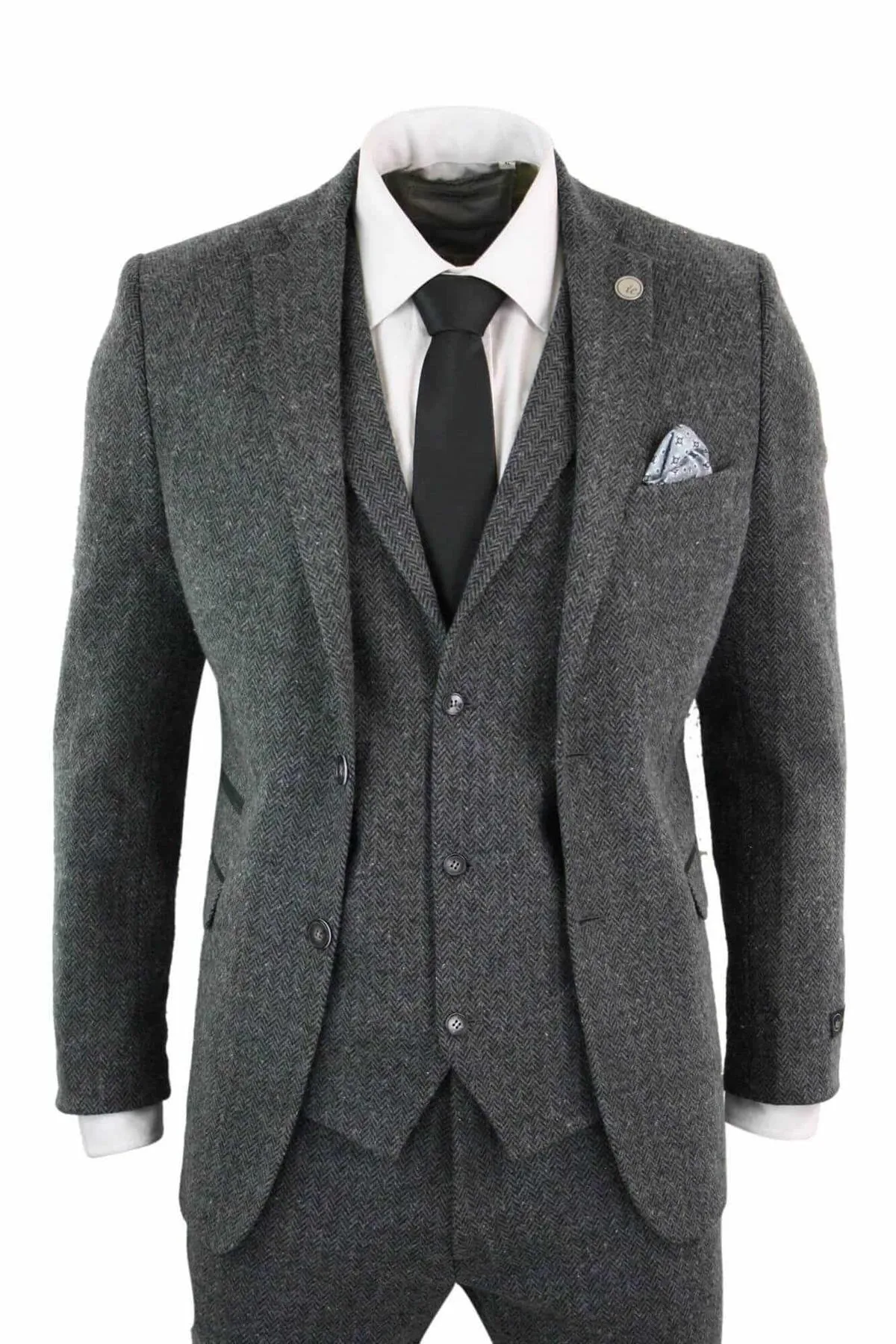 Men's 3 Piece Charcoal Grey Herringbone Tweed Suit