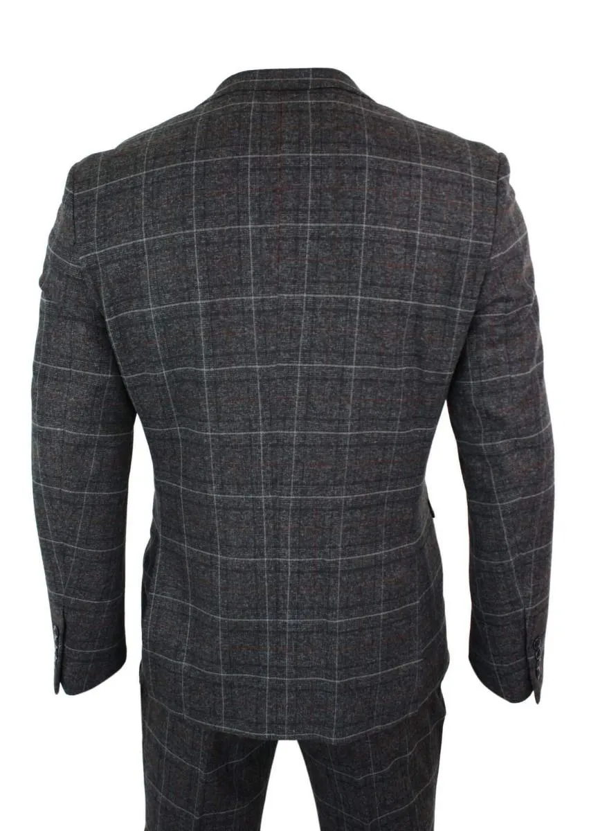 Mens 3 Piece Charcoal Grey Tweed Check Vintage Retro Suit