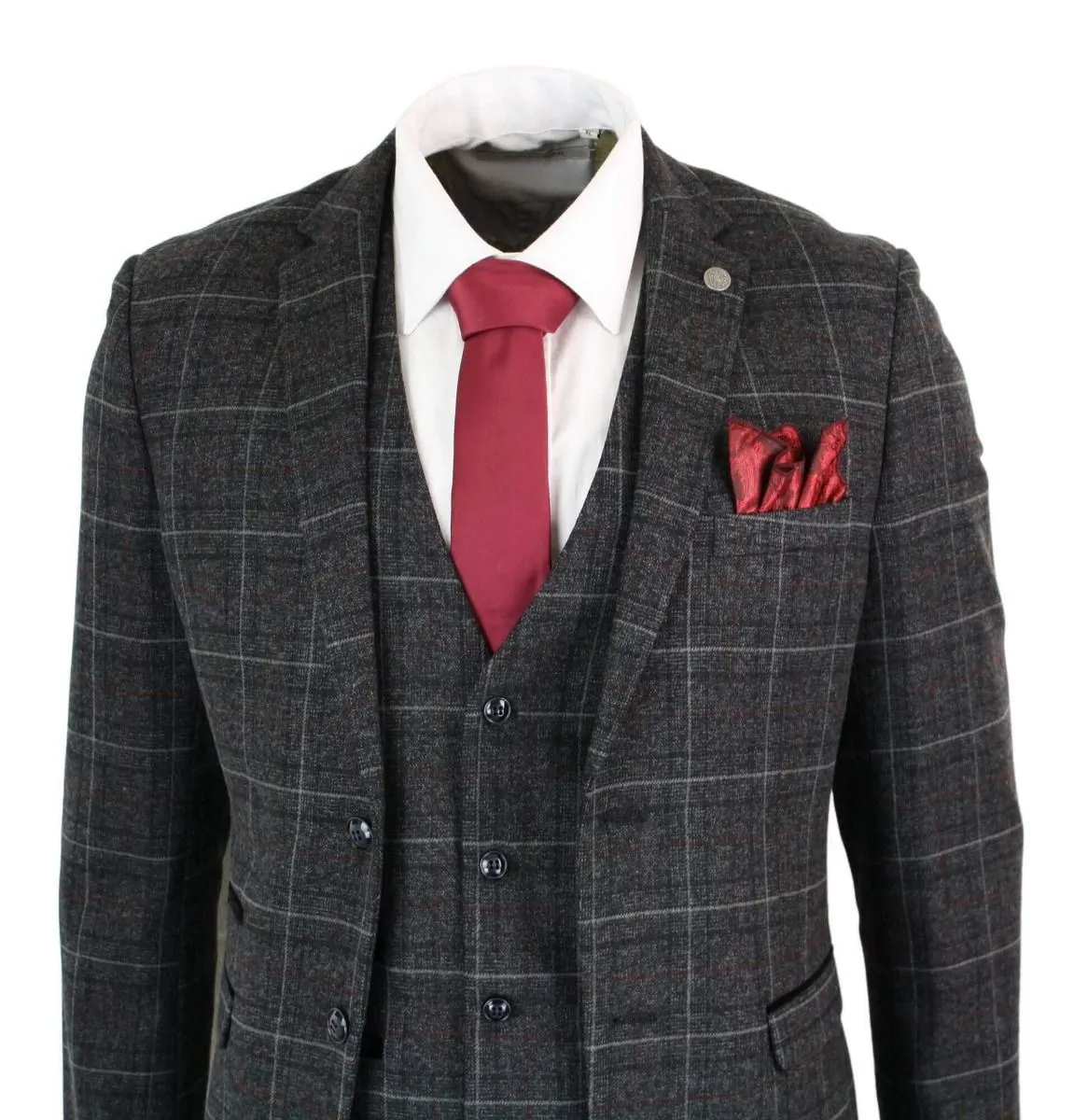 Mens 3 Piece Charcoal Grey Tweed Check Vintage Retro Suit