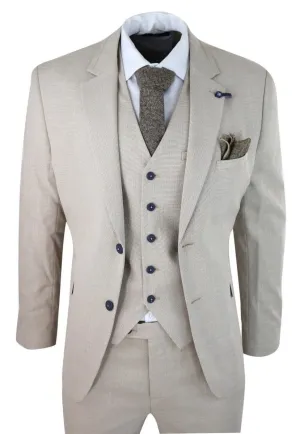 Mens 3 Piece Cream Linen Summer Spring Classic Suit