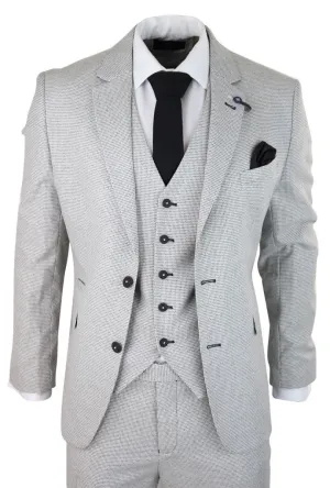 Mens 3 Piece Light Grey Check Tweed Retro Classic Suit