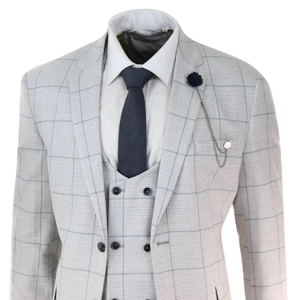 Mens 3 Piece Light Grey Check Tweed Vintage Retro Classic Suit