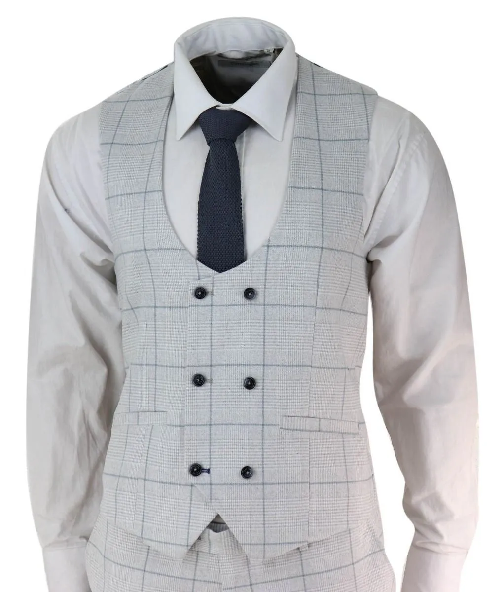 Mens 3 Piece Light Grey Check Tweed Vintage Retro Classic Suit
