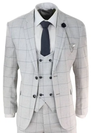 Mens 3 Piece Light Grey Check Tweed Vintage Retro Classic Suit