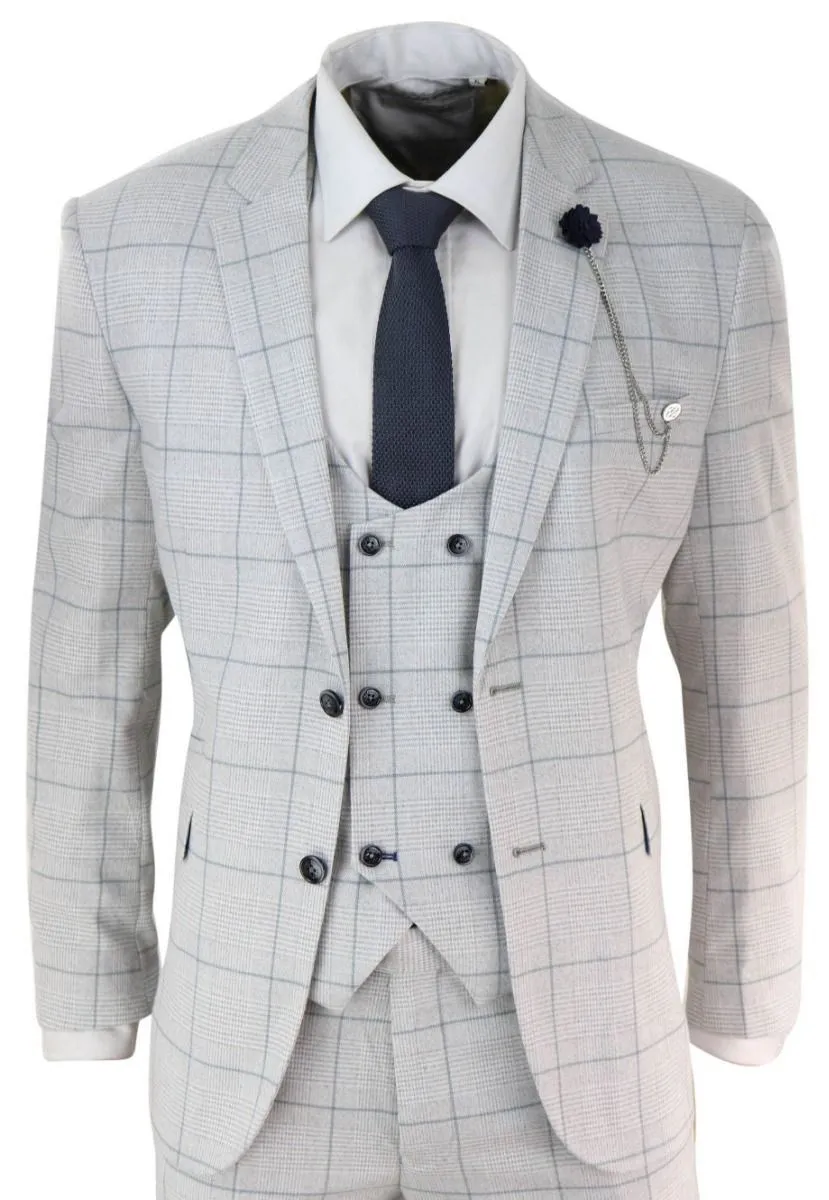 Mens 3 Piece Light Grey Check Tweed Vintage Retro Classic Suit