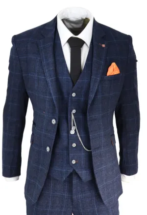 Mens 3 Piece Navy Blue Tweed Check Vintage Retro Classic Suit