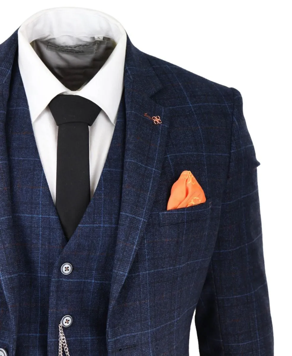 Mens 3 Piece Navy Blue Tweed Check Vintage Retro Classic Suit