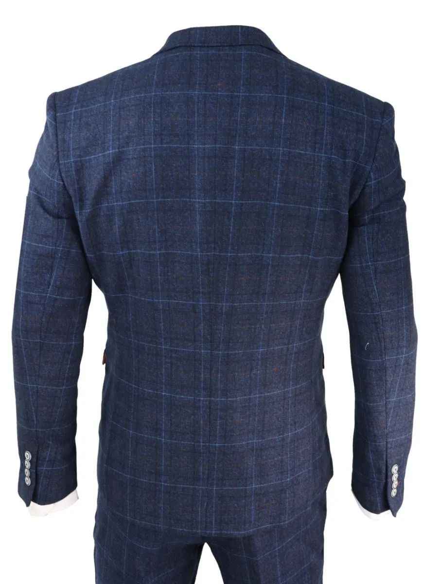 Mens 3 Piece Navy Blue Tweed Check Vintage Retro Classic Suit