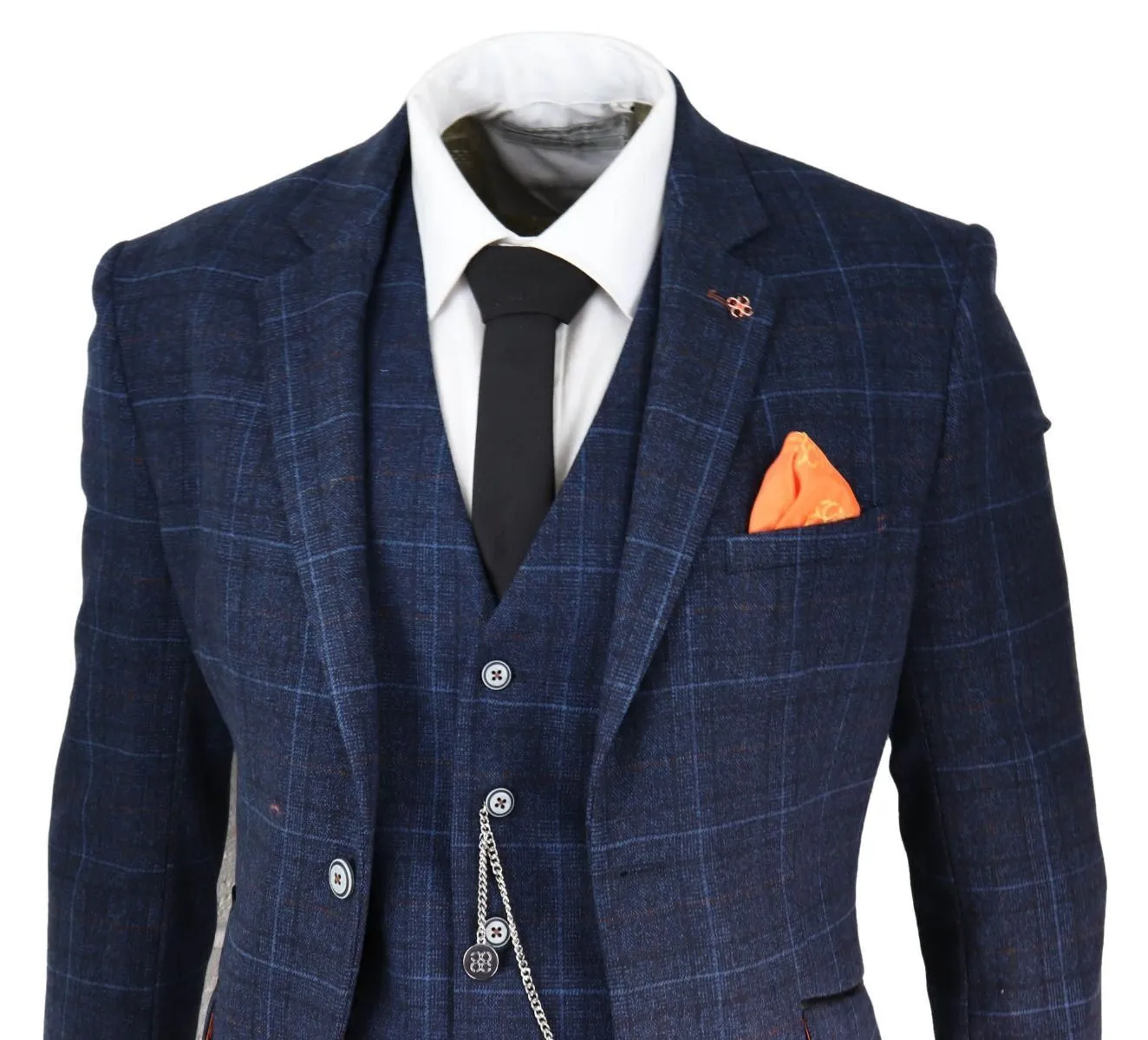Mens 3 Piece Navy Blue Tweed Check Vintage Retro Classic Suit