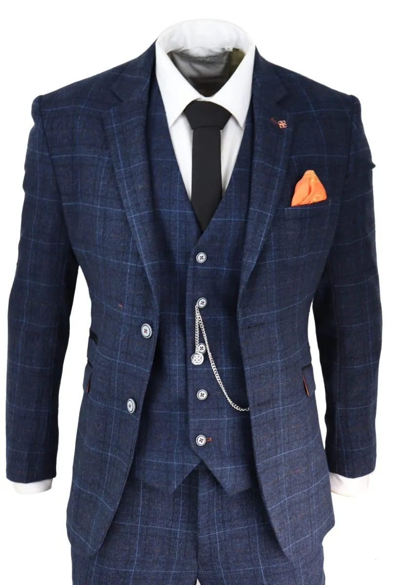 Mens 3 Piece Navy Blue Tweed Check Vintage Retro Classic Suit