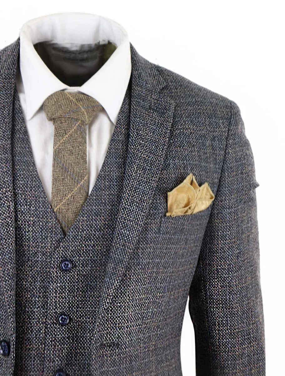 Mens 3 Piece Navy Blue Tweed Check Vintage Retro Suit