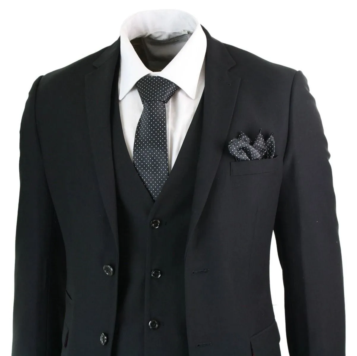 Mens 3 Piece Plain Black Classic Retro Suit