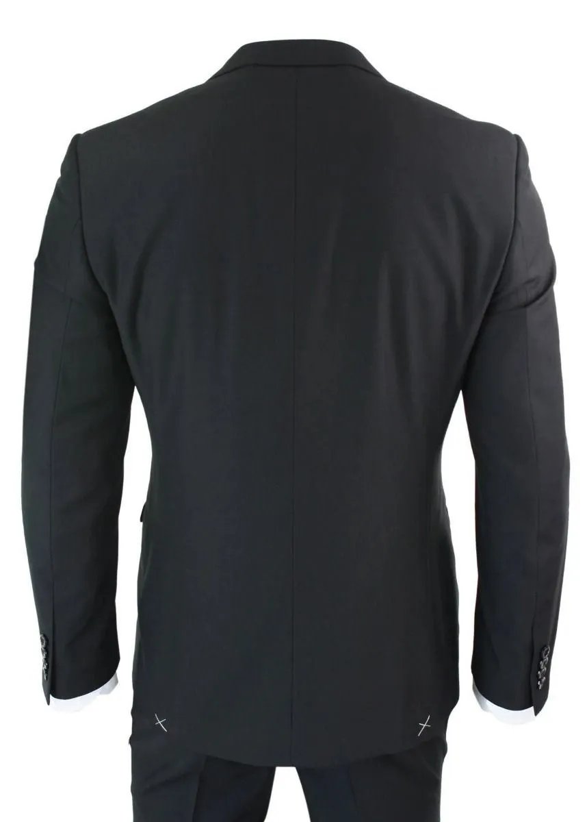 Mens 3 Piece Plain Black Classic Retro Suit