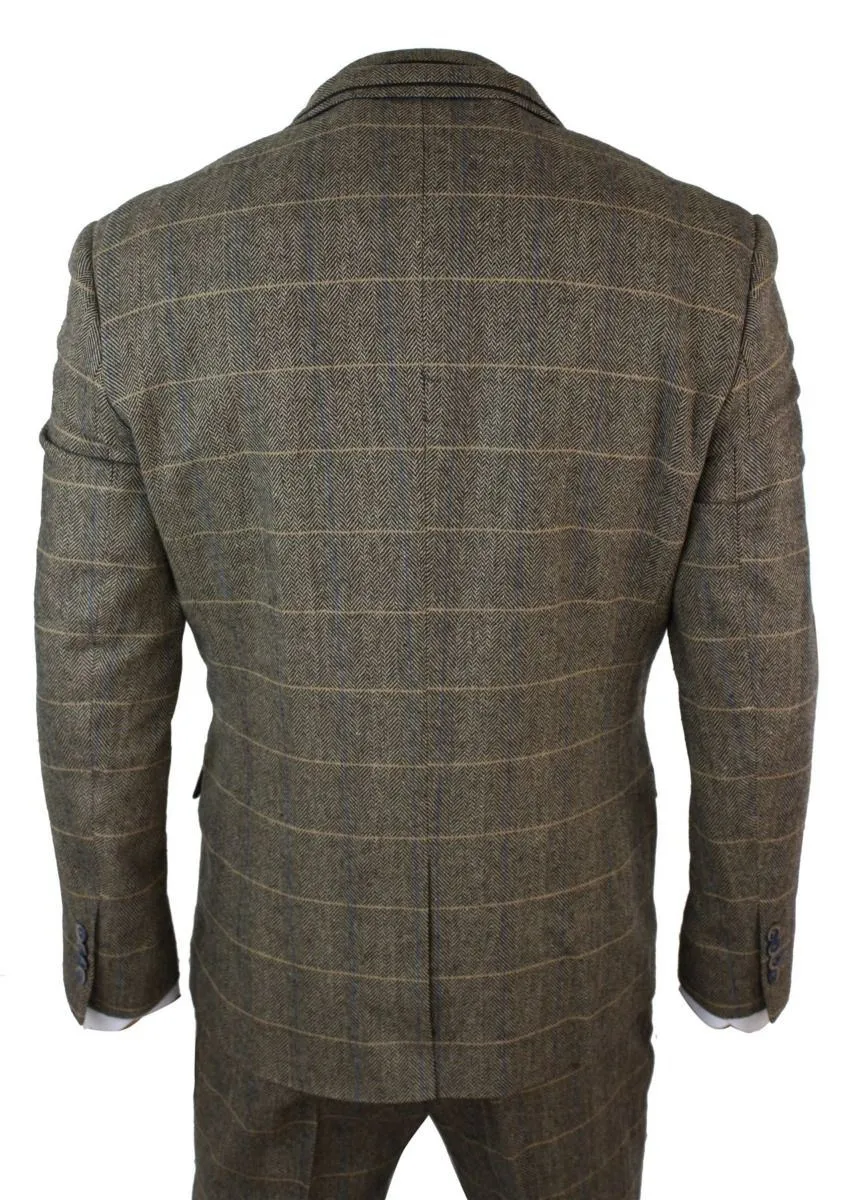 Mens 3 Piece Tan Brown Check Tweed Herringbone Vintage Classic Suit