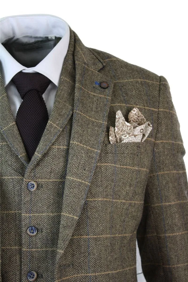 Mens 3 Piece Tan Brown Check Tweed Herringbone Vintage Classic Suit