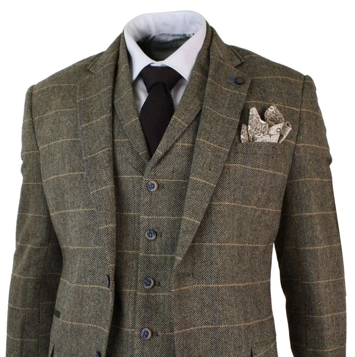 Mens 3 Piece Tan Brown Check Tweed Herringbone Vintage Classic Suit