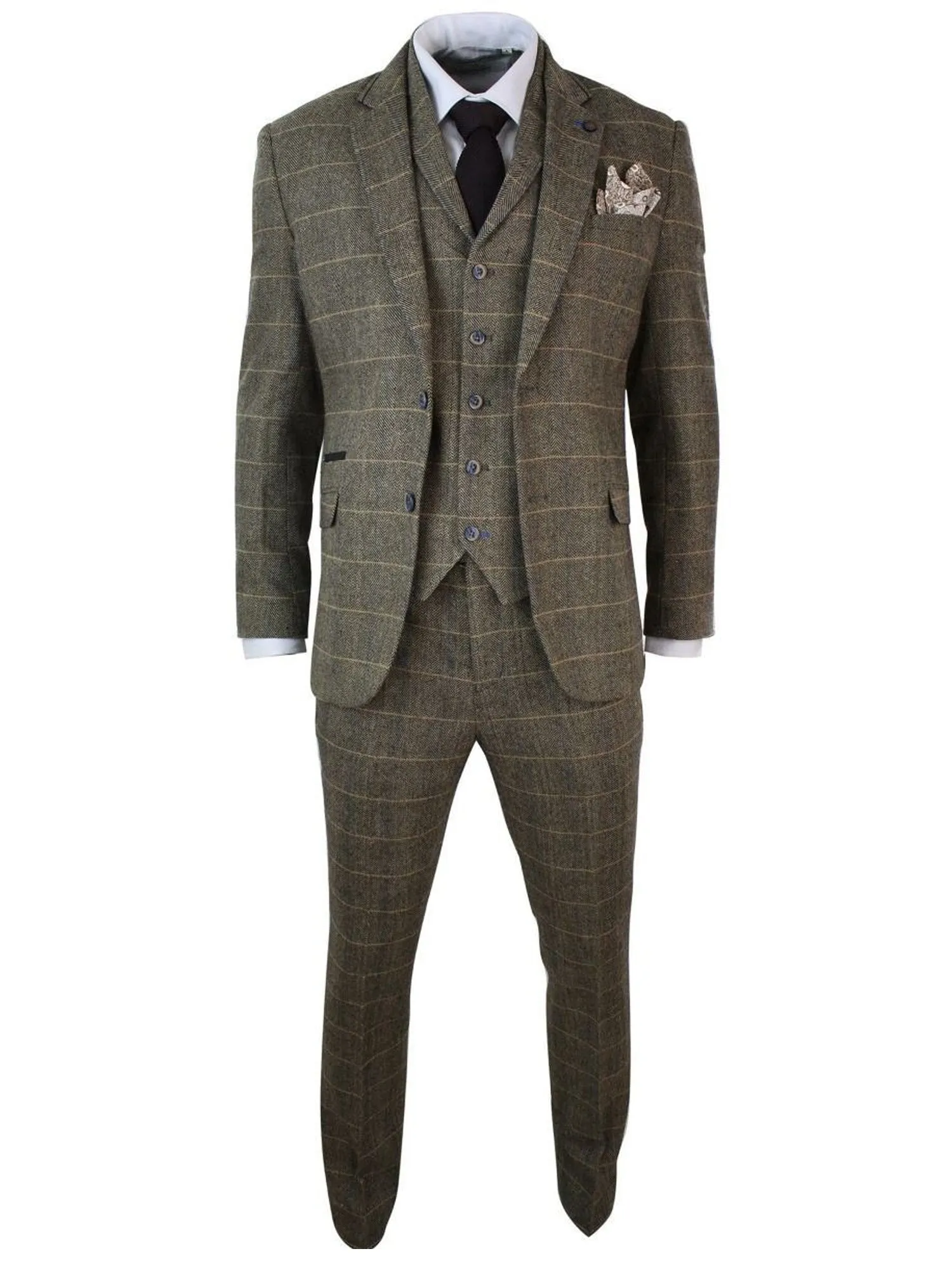Mens 3 Piece Tan Brown Check Tweed Herringbone Vintage Classic Suit