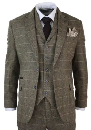 Mens 3 Piece Tan Brown Check Tweed Herringbone Vintage Classic Suit