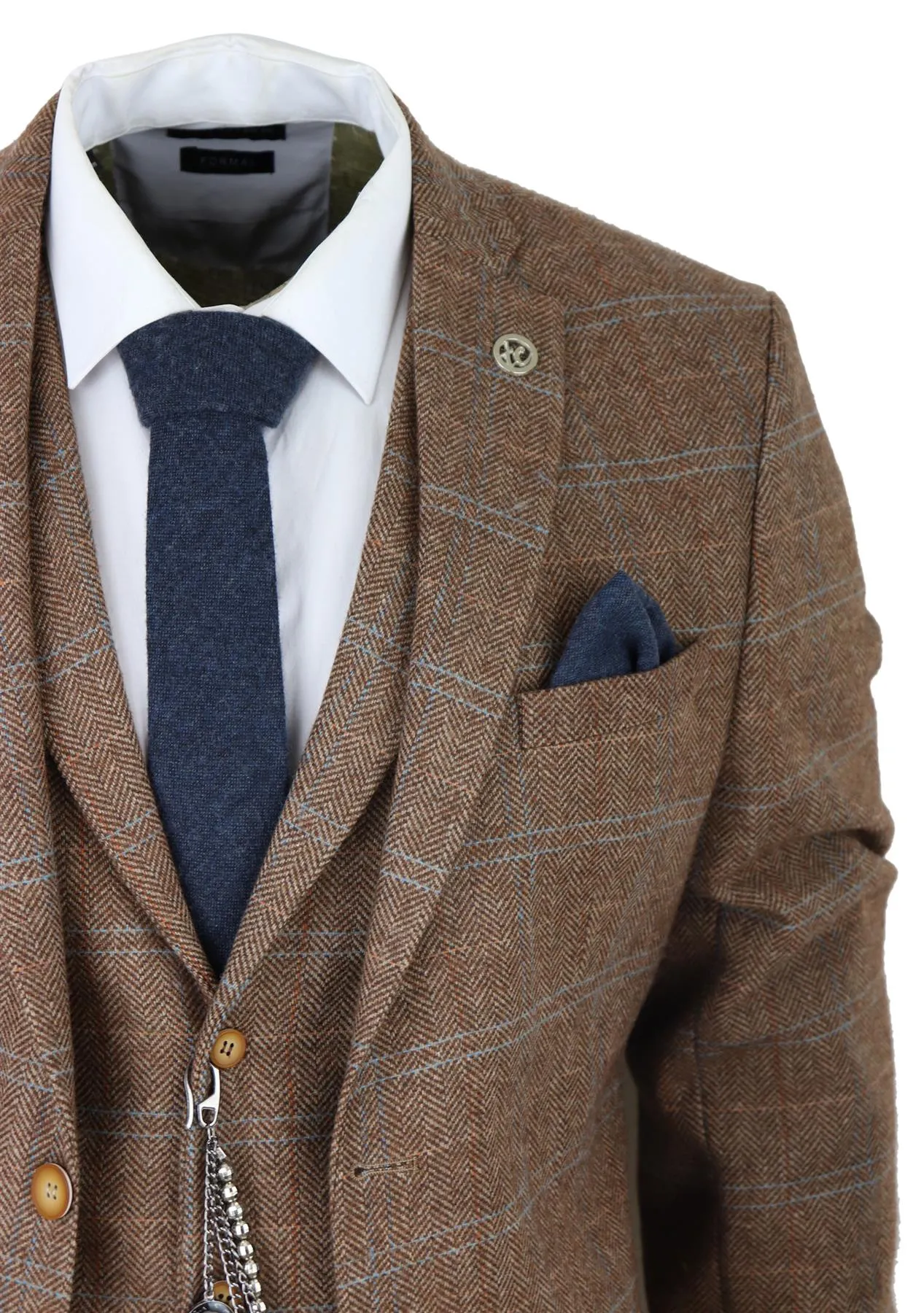 Mens 3 Piece Wool Suit Oak Brown Tweed Herringbone Check Peaky Blinders Gatsby