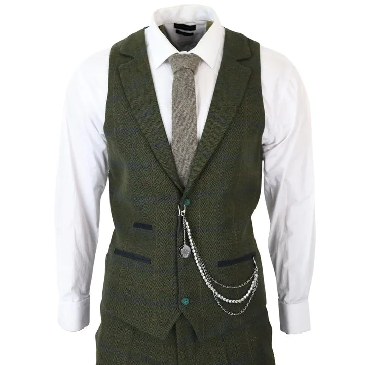 Mens 3 Piece Wool Suit Olive Green Tweed Check Peaky Blinders 1920 Gatsby Formal