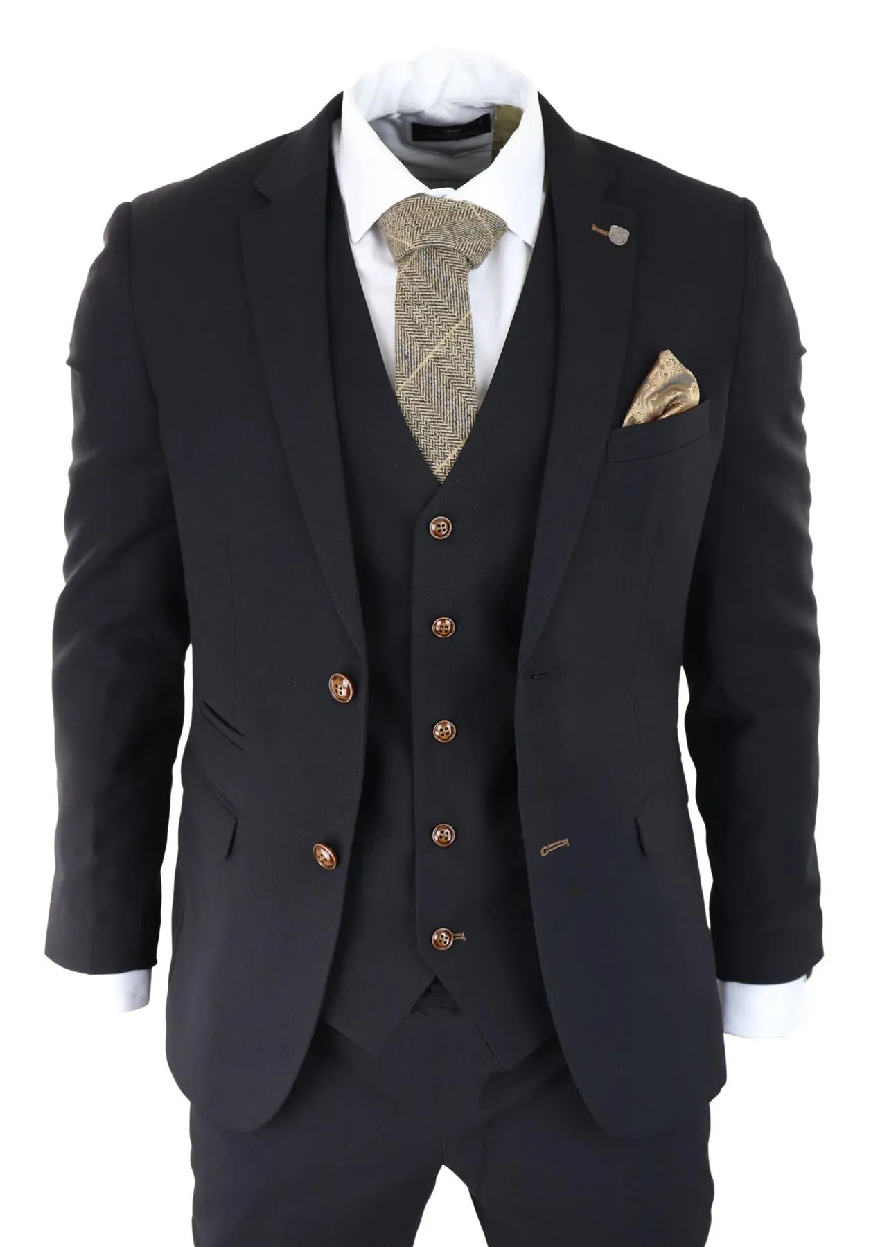 Mens Black 3 piece Suit Brown Trim Classic Birdseye Vintage Wedding Grooms