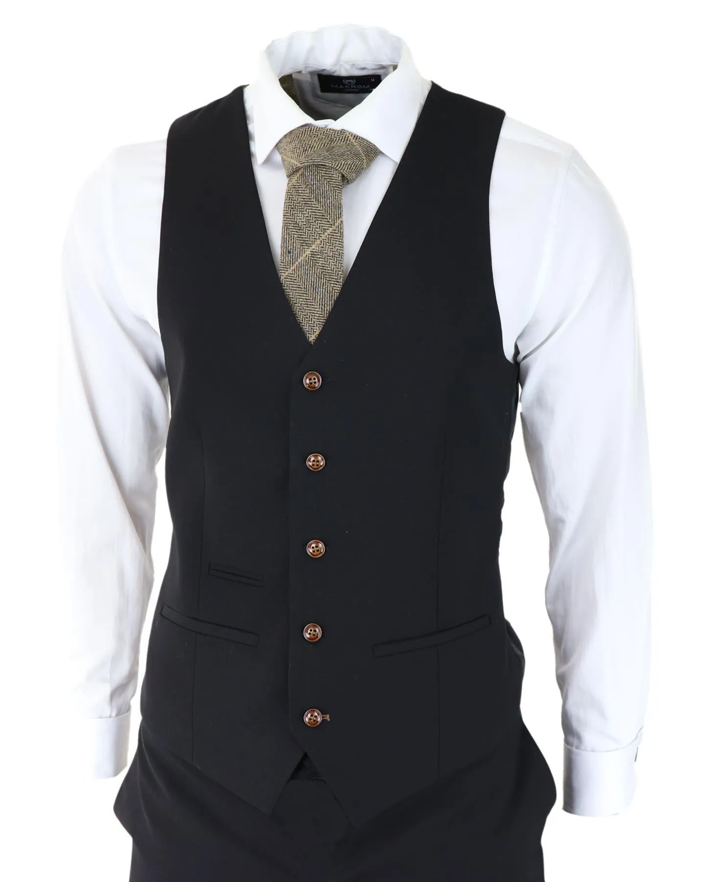Mens Black 3 piece Suit Brown Trim Classic Birdseye Vintage Wedding Grooms
