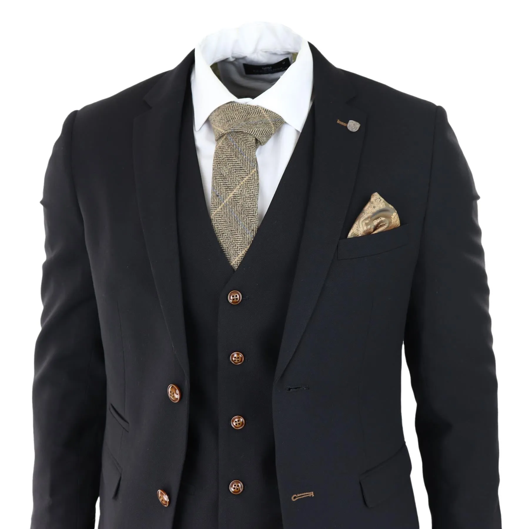 Mens Black 3 piece Suit Brown Trim Classic Birdseye Vintage Wedding Grooms