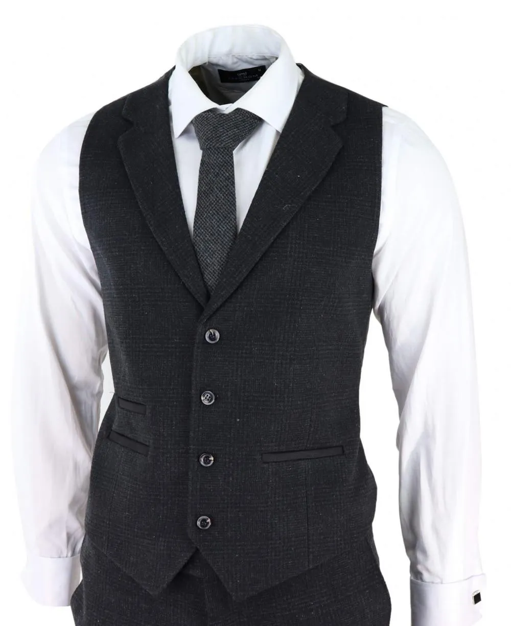 Mens Black 3 Piece Tweed Suit Peaky Blinders 1920s Gatsby Classic Tailored Fit