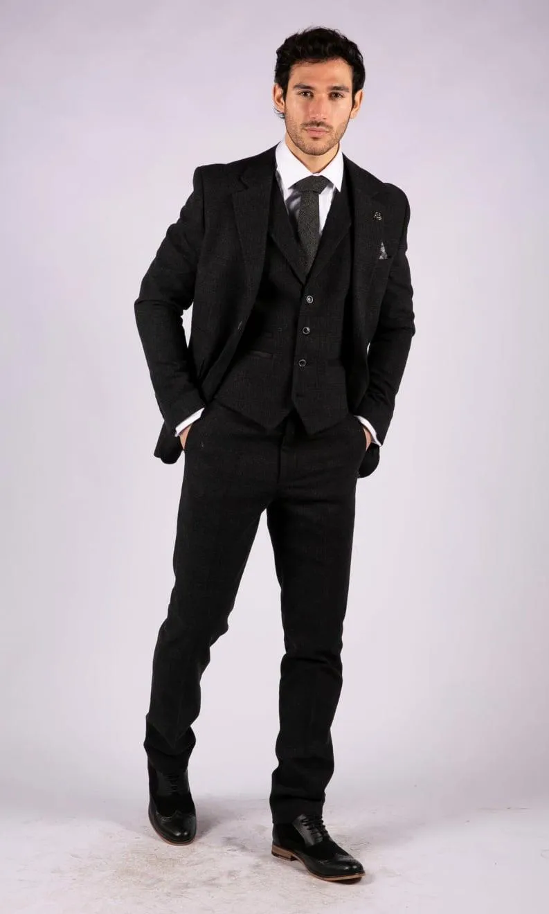 Mens Black 3 Piece Tweed Suit Peaky Blinders 1920s Gatsby Classic Tailored Fit