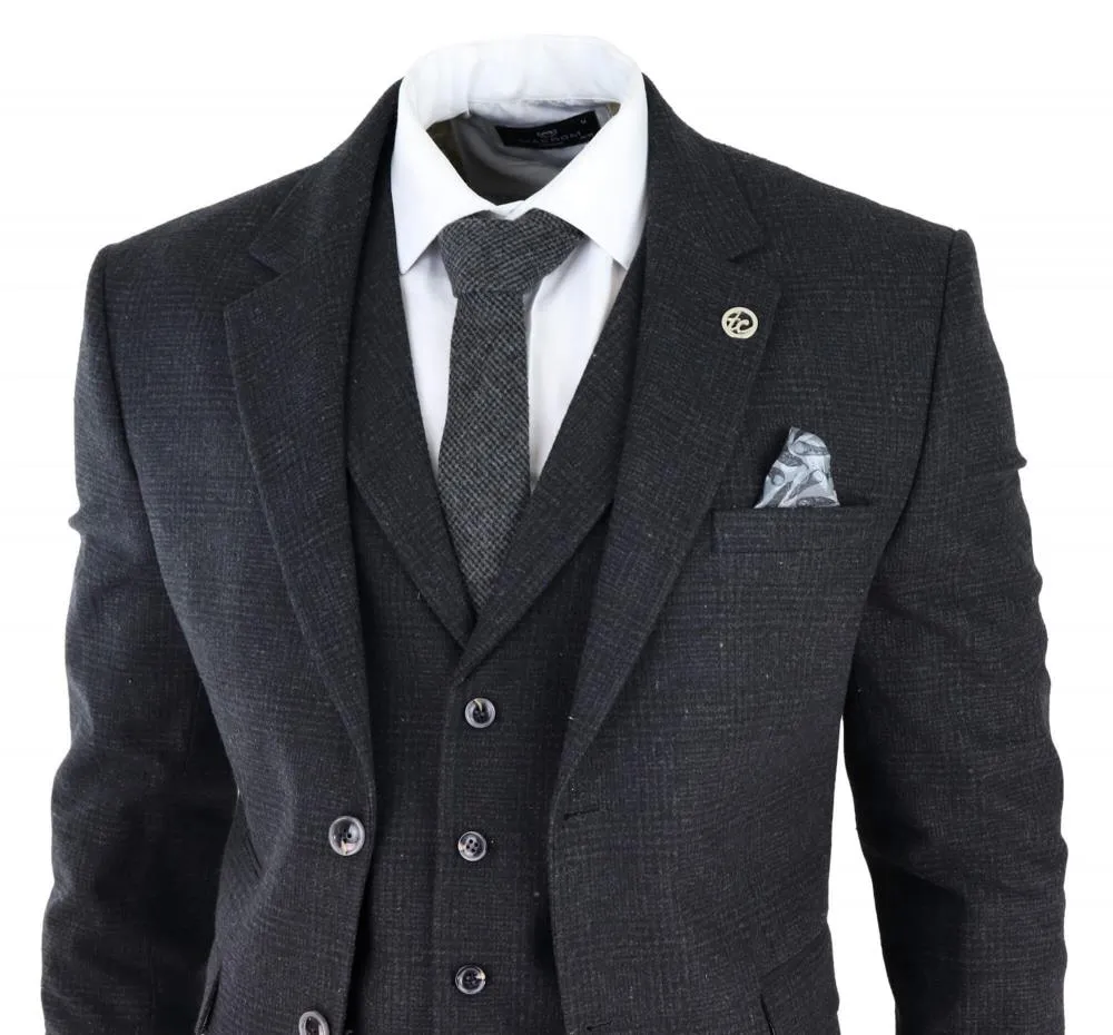 Mens Black 3 Piece Tweed Suit Peaky Blinders 1920s Gatsby Classic Tailored Fit