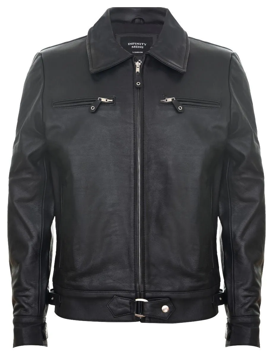 Mens Black Cowhide Leather Harrington Jacket-Geneva