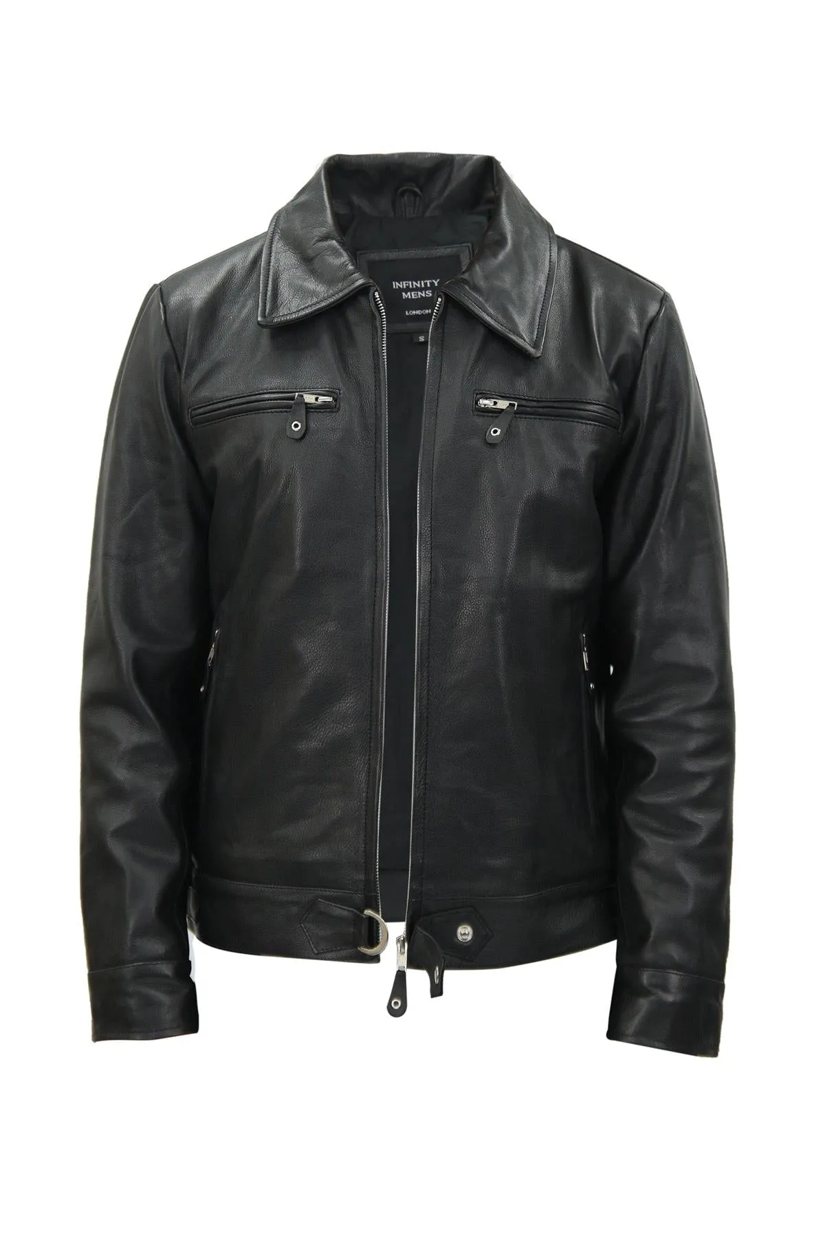 Mens Black Cowhide Leather Harrington Jacket-Geneva