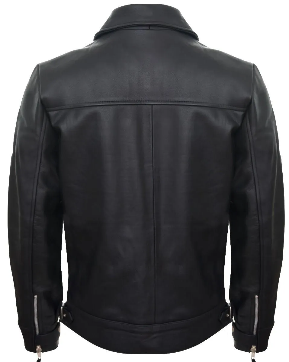 Mens Black Cowhide Leather Harrington Jacket-Geneva