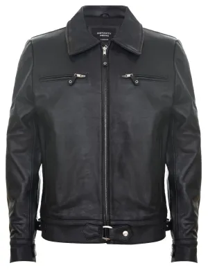 Mens Black Cowhide Leather Harrington Jacket-Geneva