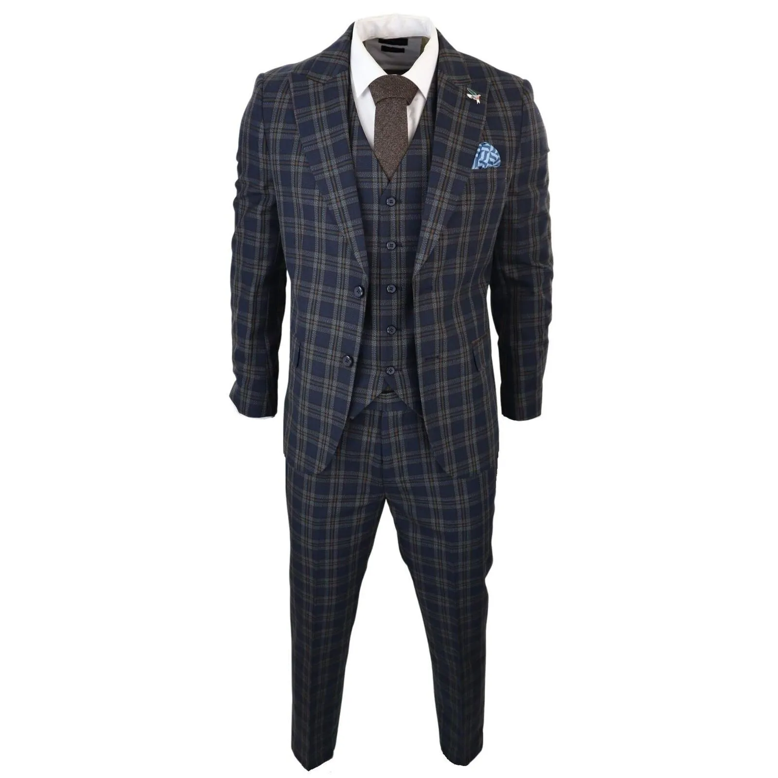 Men's Check Navy Blue 3 Piece Suit