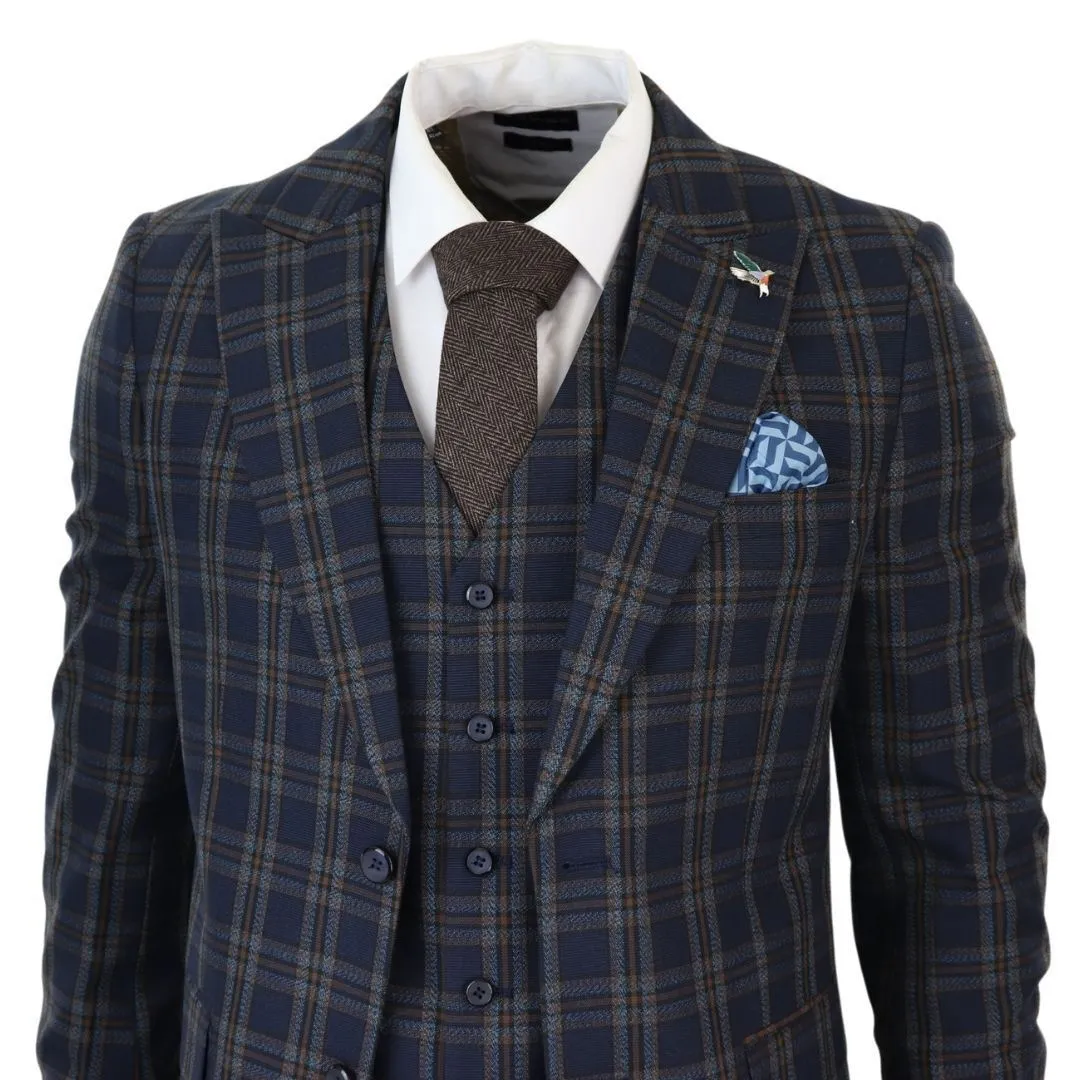Men's Check Navy Blue 3 Piece Suit