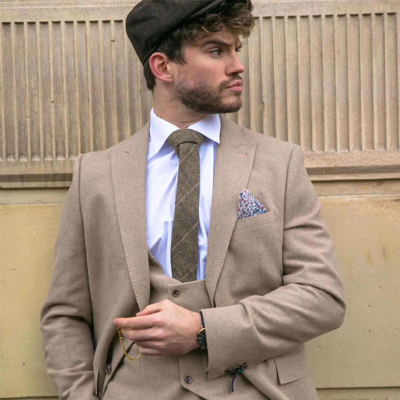 Mens Tweed 3 Piece Beige Formal Wedding Suit