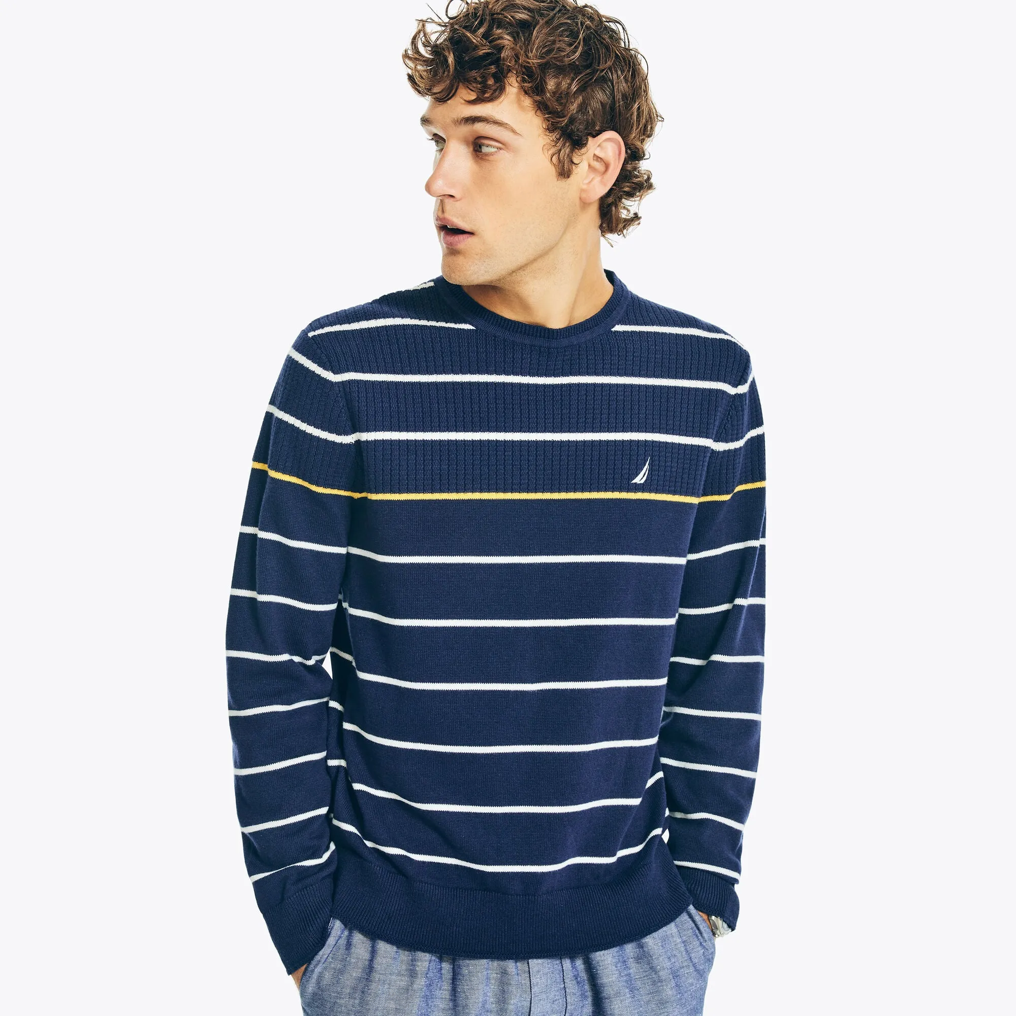 Nautica Men's Big & Tall Striped Textured Crewneck Sweater Stellar Blue Heather Nautica