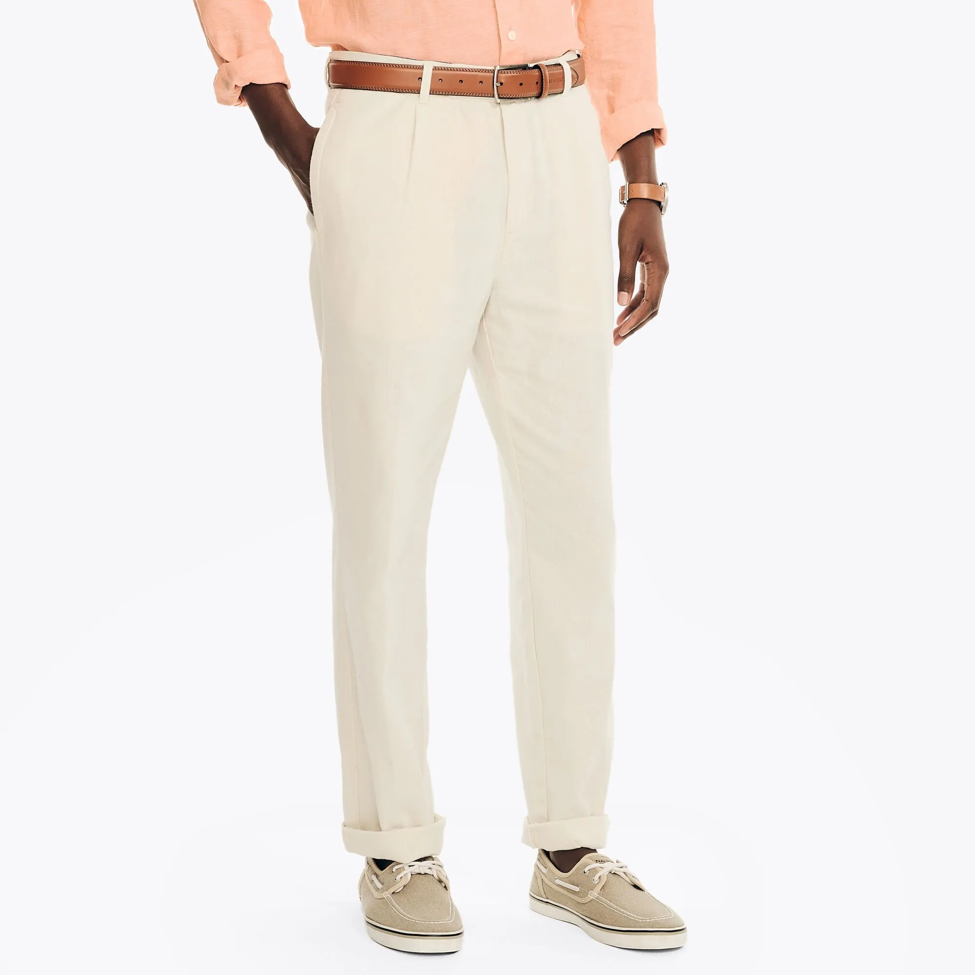 Nautica Men's Linen Pleated Trouser Pant Natural Nautica