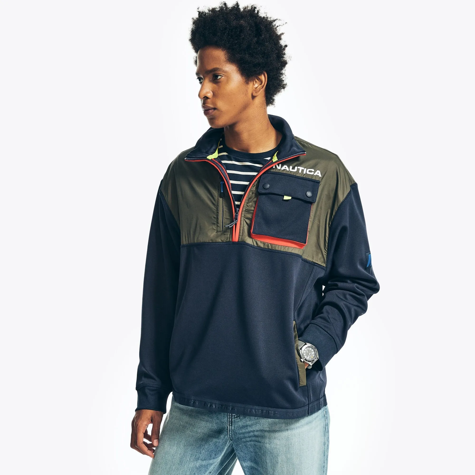Nautica Men's Sustainably Crafted Mixed Media Half-Zip Sweatshirt Navy Nautica