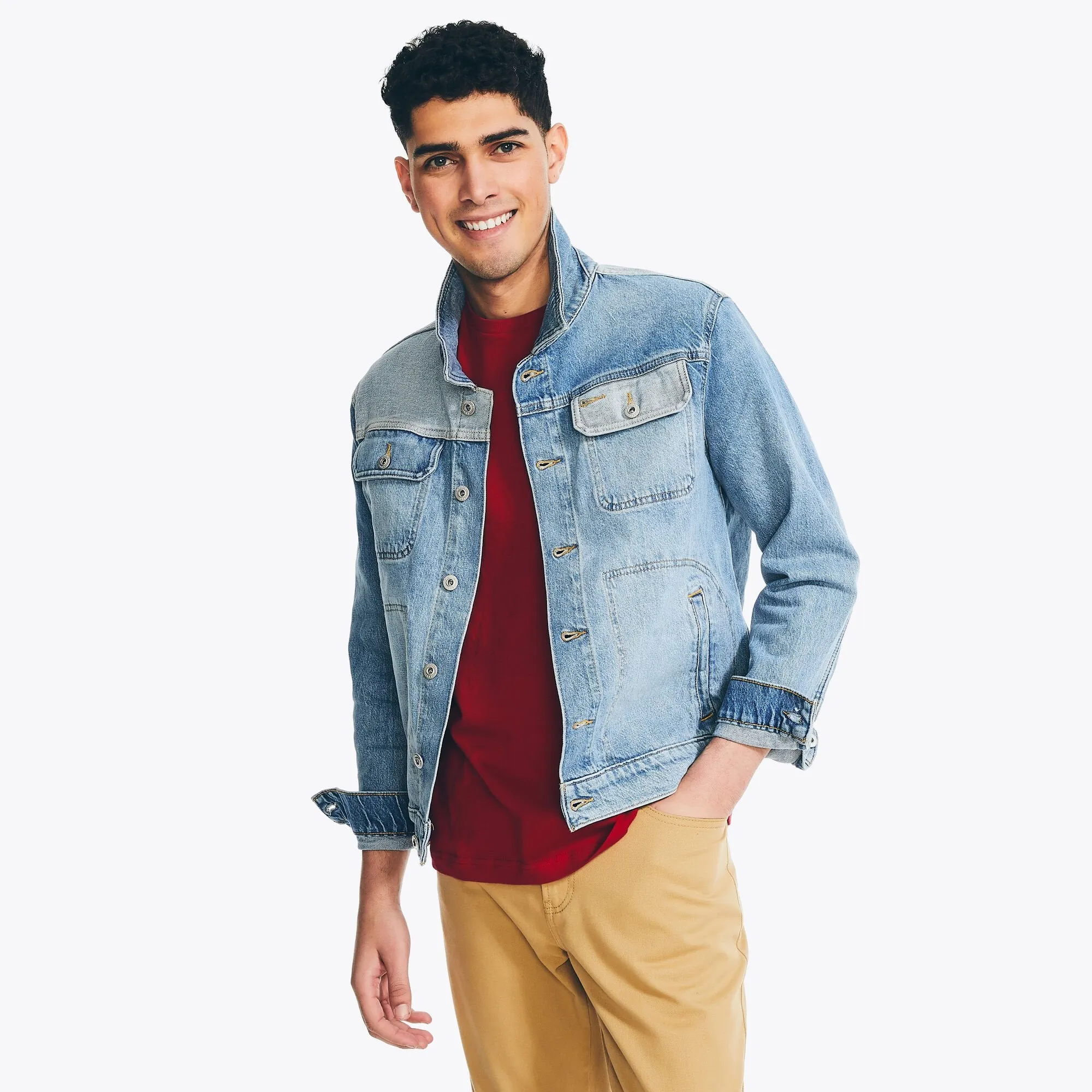 Nautica Men's Two-Tone Denim Trucker Jacket Black Ink Wash Nautica